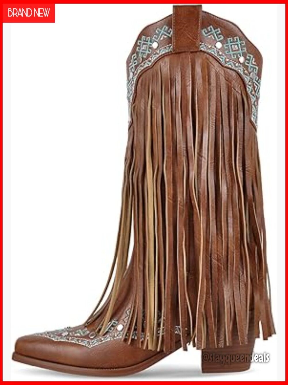 Mid Calf Cowboy Boots with Fringe Chunky Heel Embroidered Western Booties